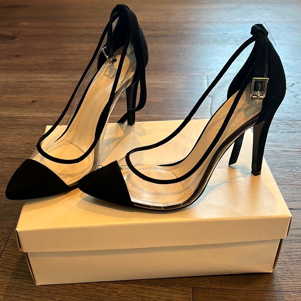 BCBG clear and black suede pumps